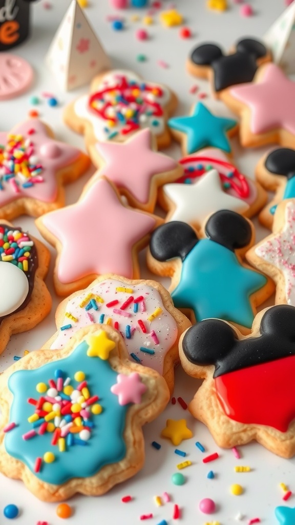 An array of decorated Disney-themed cookies on a whimsical background, perfect for magical celebrations.